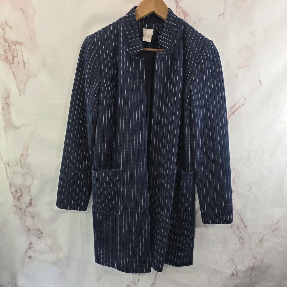 Chicos Jacket Womens 4 6 Small 0 Navy White Striped Long Midi Blazer Mandarin